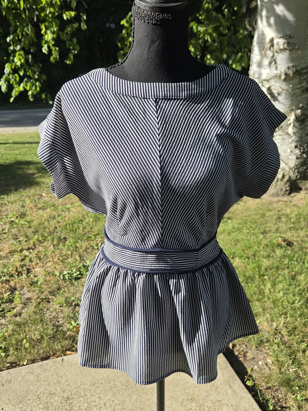 Monteau Navy and White Striped Peplum Top